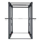 Black metal weight rack with adjustable bar and safety arms on white background