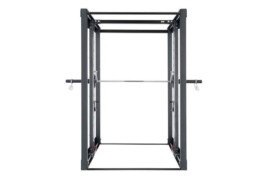 Black metal weight rack with adjustable bar and safety arms on white background