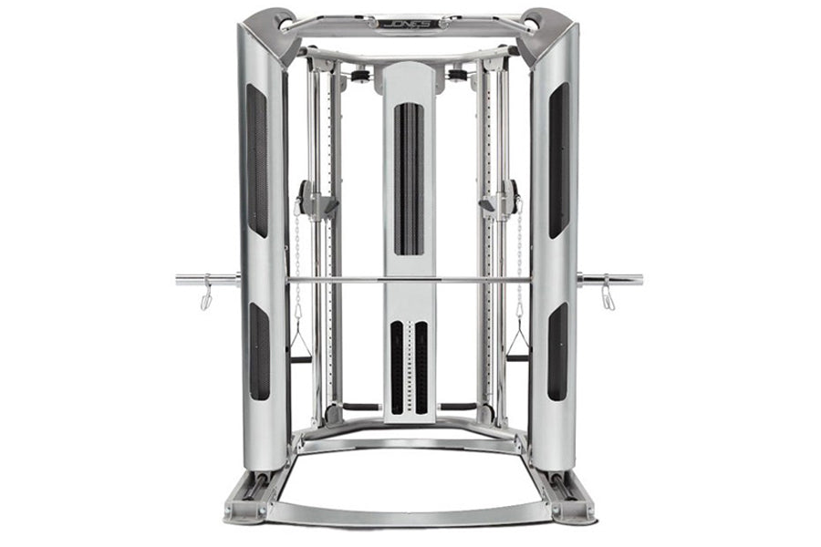 BodyCraft Jones Platinum Smith Cage with dual cable machine, silver steel frame, and black accents on white background