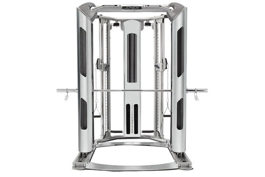 BodyCraft Jones Platinum Smith Cage with dual cable machine, silver steel frame, and black accents on white background