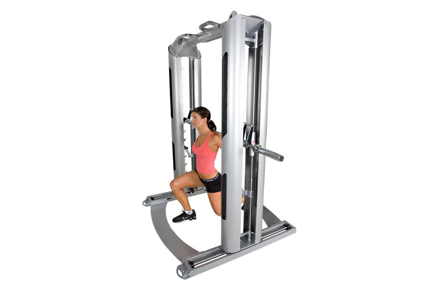 BodyCraft Jones Platinum Smith Cage with woman demonstrating leg press exercise on white background