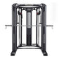 Black multi-functional gym machine with dual cable towers, chrome bars, and mesh panels on white background