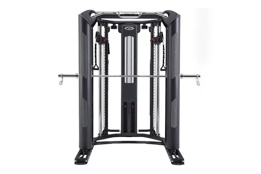 Black multi-functional gym machine with dual cable towers, chrome bars, and mesh panels on white background