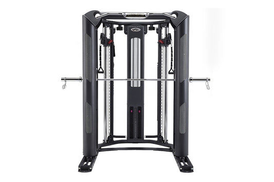 Black multi-functional gym machine with dual cable towers, chrome bars, and mesh panels on white background