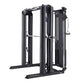 Black multi-station weight machine with cable systems and adjustable arms on white background
