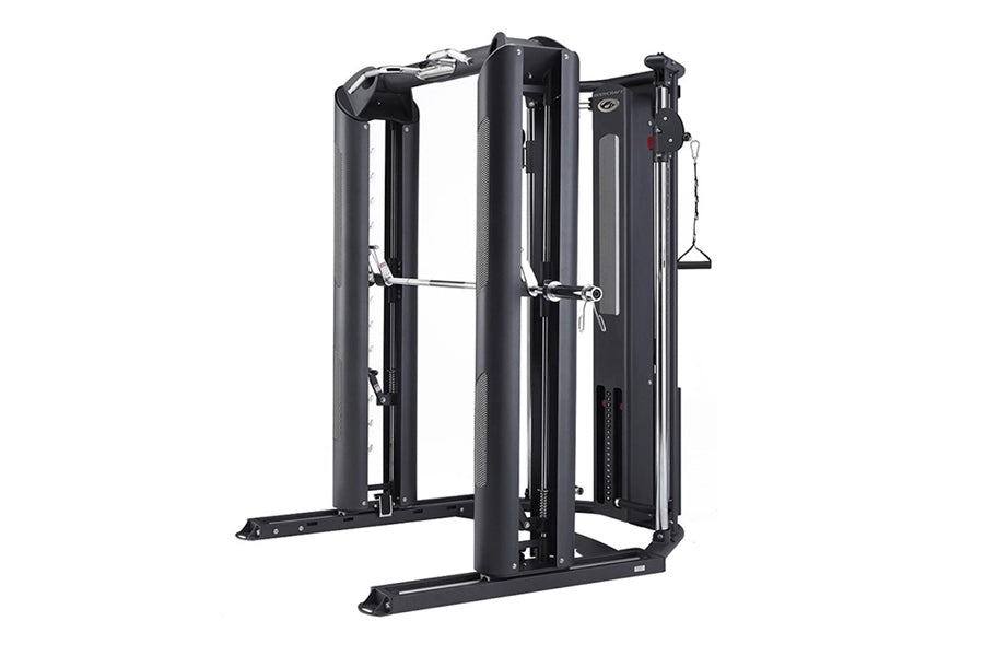 Black multi-station weight machine with cable systems and adjustable arms on white background