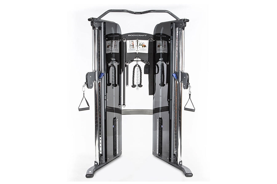 BodyCraft PFT Functional Trainer with dual cable towers, adjustable pulleys, and triangle handles on white background