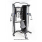 Black and silver functional trainer machine with dual cable towers, adjustable pulleys, and black seat on white background