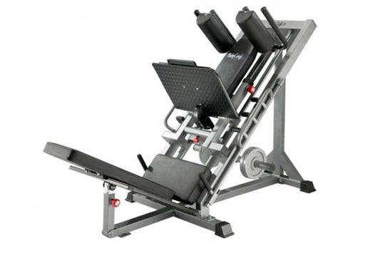 BodyCraft Pro Leg Press Hack Squat machine with gray frame, black footplate, padded backrest, and dual weight horns on white 