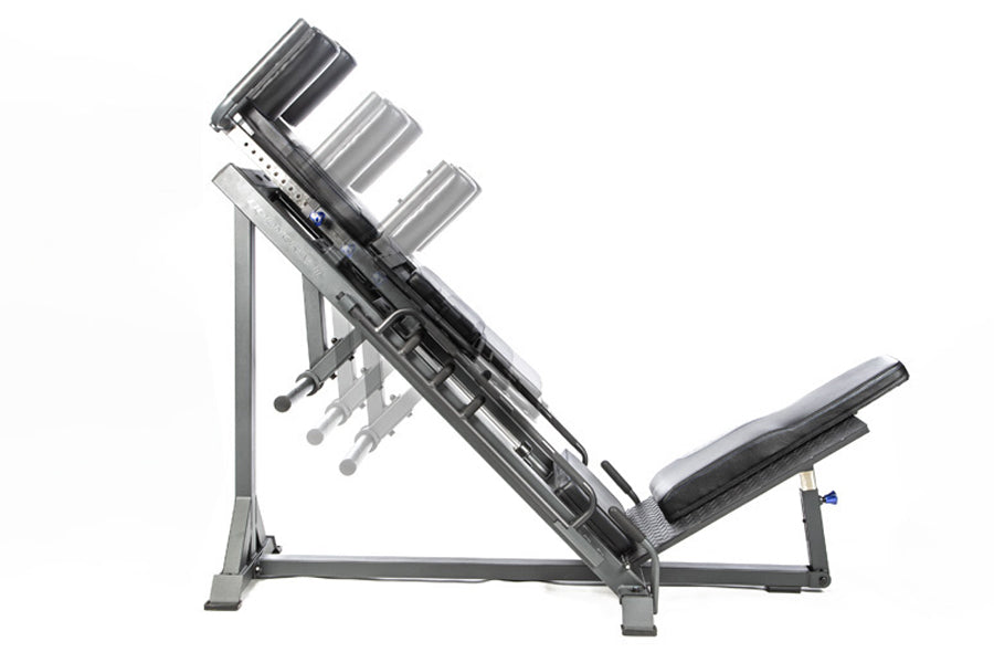 BodyCraft Pro Leg Press Hack Squat machine with gray frame, black footplate, and three silver weight stack pins on white back