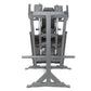 Gray steel leg press and hack squat machine with foot platform, adjustable seat, and weight stack arms, front view on white b
