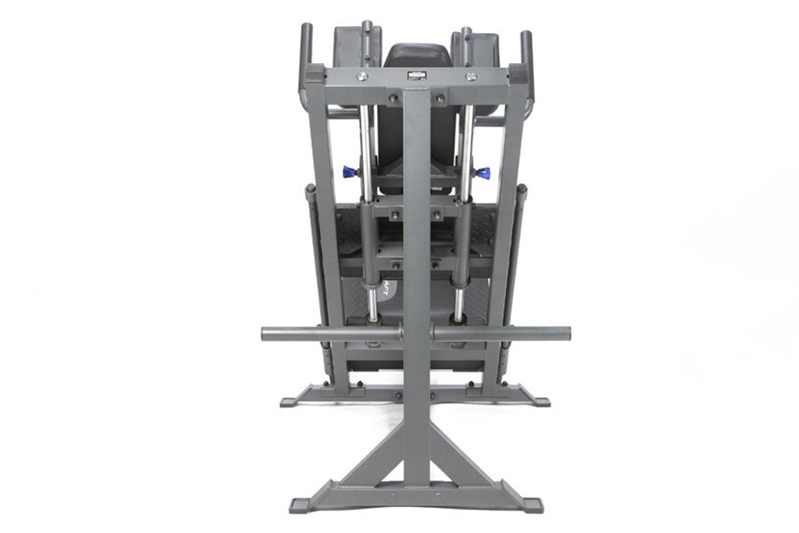 Gray steel leg press and hack squat machine with foot platform, adjustable seat, and weight stack arms, front view on white b