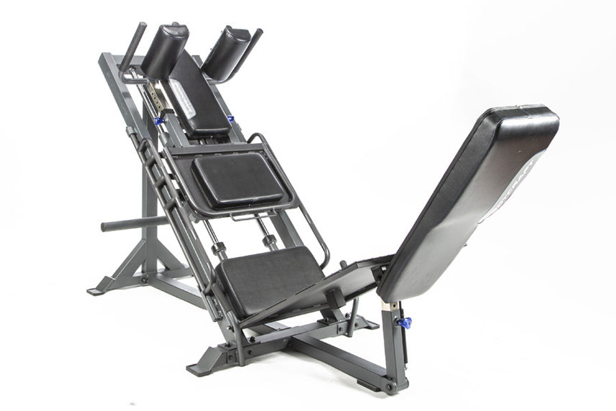 Black and gray BodyCraft Pro leg press and hack squat machine with padded seat, footplate, and adjustable handles on white ba