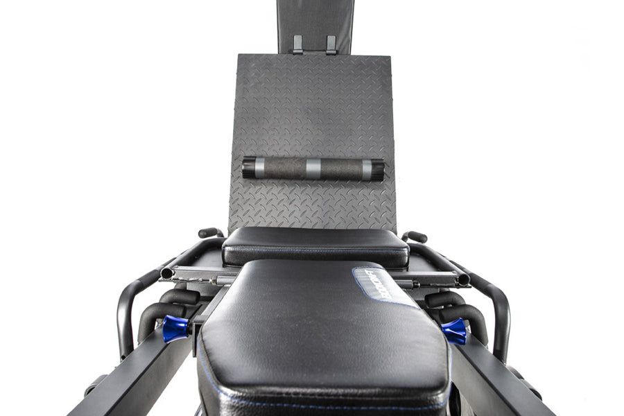 BodyCraft Pro Leg Press Hack Squat F760 with black padded seat and blue handles, overhead view on white background