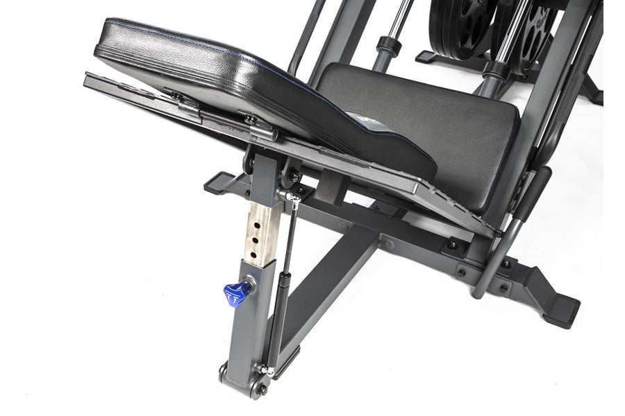 BodyCraft Pro Leg Press Hack Squat machine with black padded seat, silver metal frame, and blue adjustment knob on white back