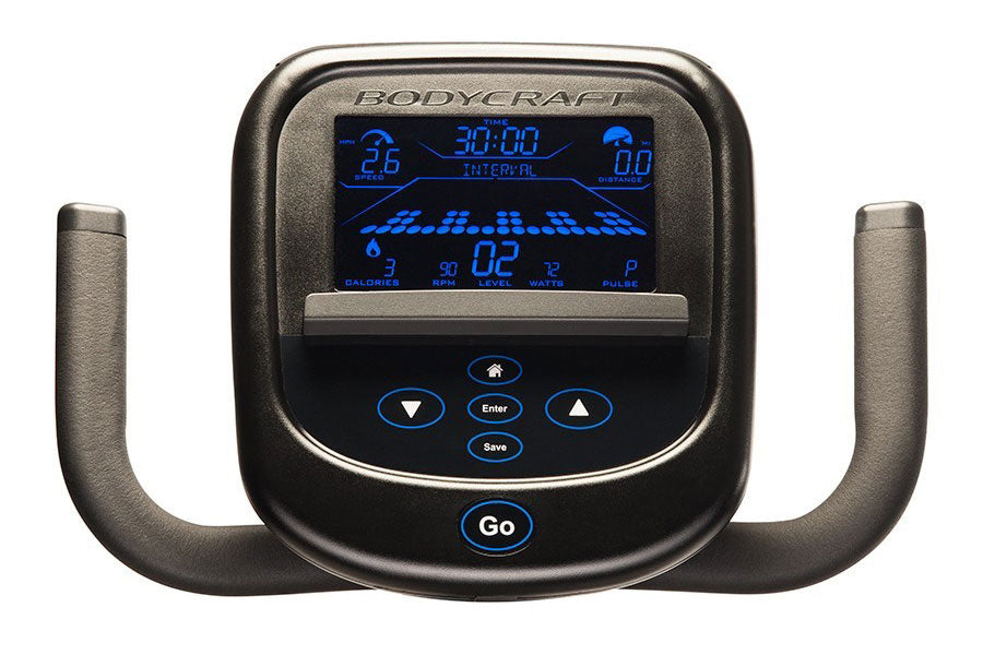 BodyCraft R200 semi-recumbent exercise bike with blue LCD display showing workout metrics and grey handles on white backgroun