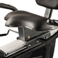 Black and silver semi-recumbent exercise bike with padded seat, handlebars, and digital console on white background