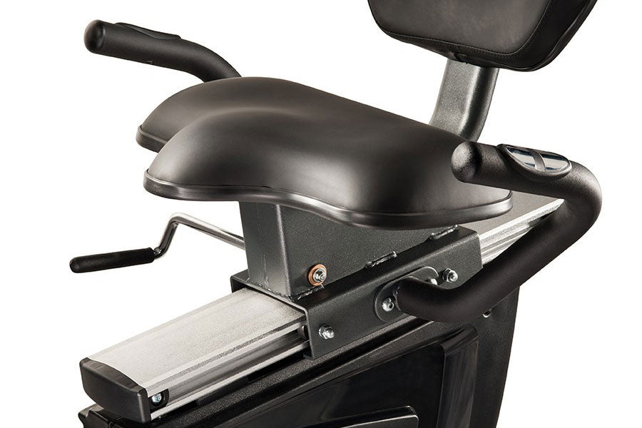 Black and silver semi-recumbent exercise bike with padded seat, handlebars, and digital console on white background