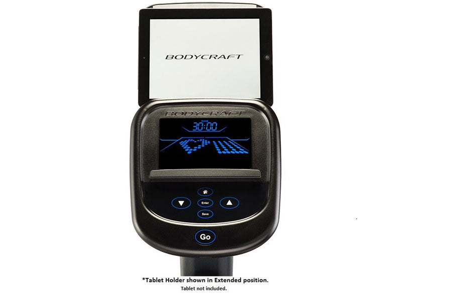 BodyCraft R200 exercise bike console with black housing, blue digital display showing time and graphics, control buttons, and