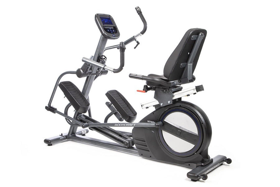 BodyCraft SCT400g seated elliptical crosstrainer with digital console, black frame, padded seat and backrest on white backgro
