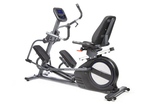 BodyCraft SCT400g seated elliptical crosstrainer with digital console, black frame, padded seat and backrest on white backgro