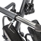 Black seated elliptical crosstrainer with gray padded handlebars and digital console, close-up detail view on white backgroun