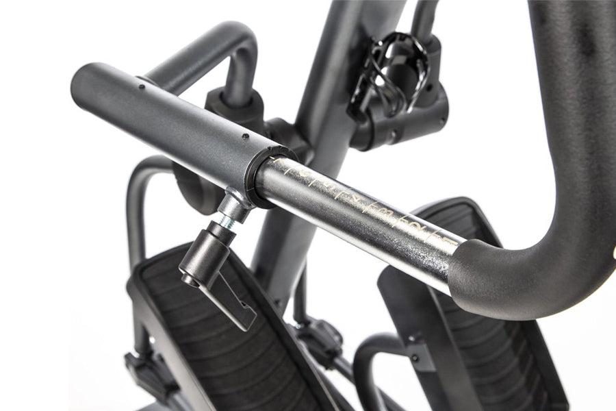 Black seated elliptical crosstrainer with gray padded handlebars and digital console, close-up detail view on white backgroun