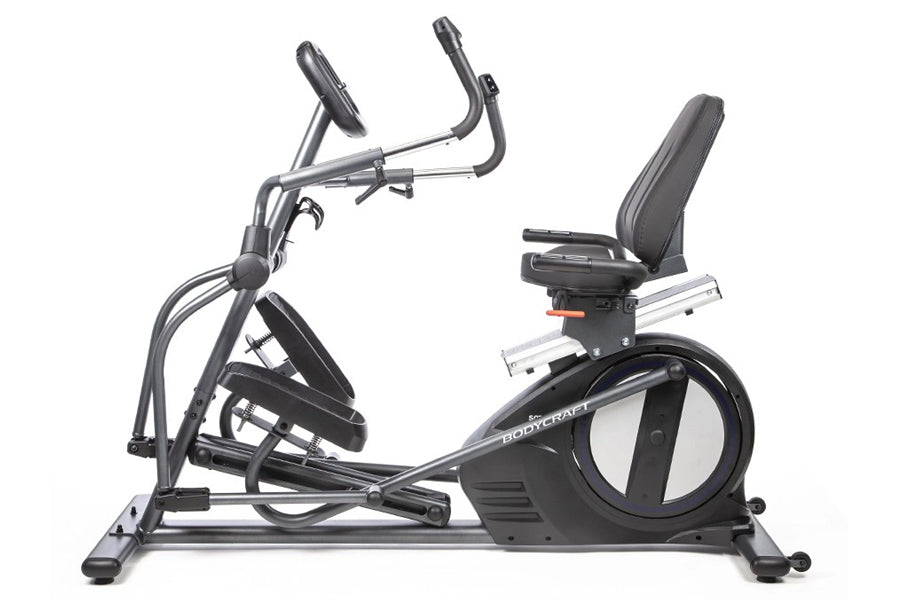 BodyCraft SCT400g seated elliptical crosstrainer with black padded seat, dual handlebar grips, and large front wheel, on whit