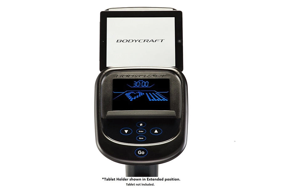 BodyCraft SCT400g elliptical console with digital display, blue LED buttons, and tablet holder in extended position on white 