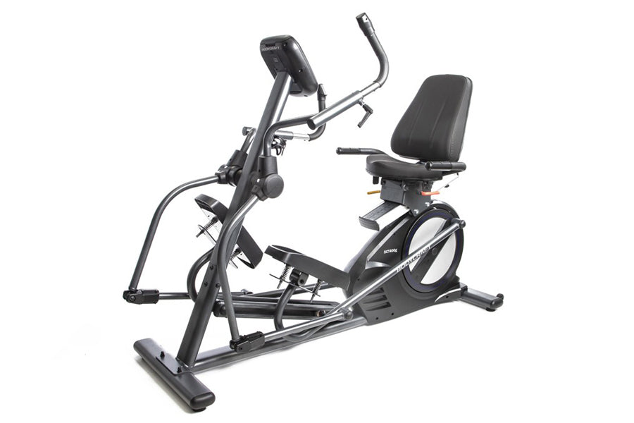 Black recumbent elliptical exercise bike with digital display, padded seat, and foot pedals on white background
