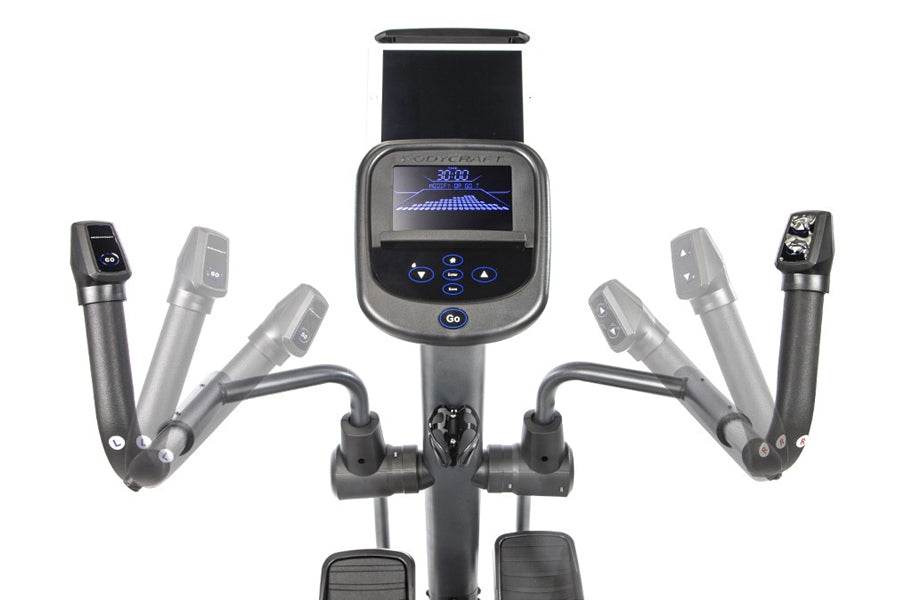 BodyCraft SCT400g seated elliptical crosstrainer with digital display console and dual moving arms, front view on white backg