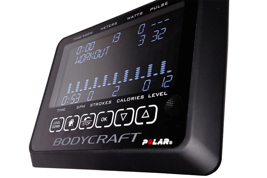 BodyCraft VR500 Pro Rowing Machine console displaying digital metrics including time, distance, watts, and calories on black 