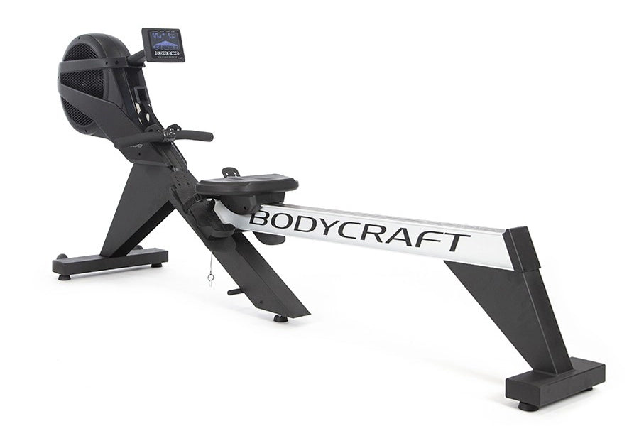 BodyCraft VR500 Pro black and silver rowing machine with digital display monitor on white background