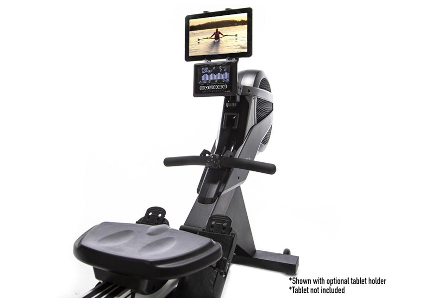 Black and gray BodyCraft VR500 Pro rowing machine with padded seat, handlebar, and digital display console mounted on top, sh
