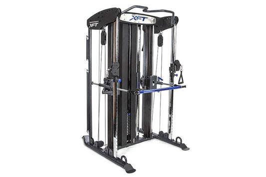 BodyCraft XFT Functional Trainer with dual cable towers, blue handles, and black frame on white background