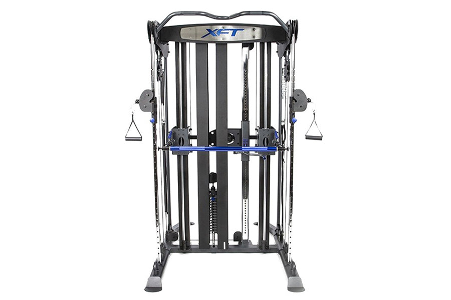 BodyCraft XFT functional trainer with dual adjustable pulleys, blue accent bar, and cable attachments on white background