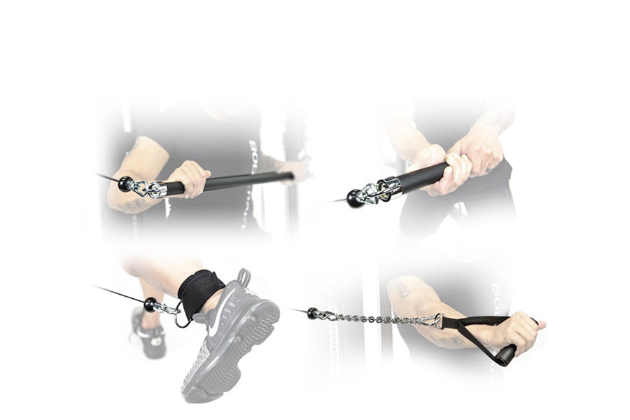 Instructional demonstration showing four ways to use BodyCraft XFT Functional Trainer with black cable attachment and handle 