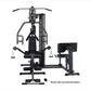 Black multi-station home gym system with weight stack, chest press, leg press, and leg extension attachments on white backgro