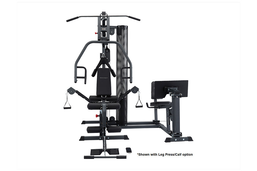 Black multi-station home gym system with weight stack, chest press, leg press, and leg extension attachments on white backgro