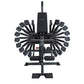 Black multi-station home gym with circular dumbbell weight selector arms radiating outward, digital display, and foot platfor