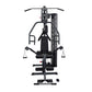 Black multi-station home gym with weight stack, leg press, chest press, and lat pulldown on white background, front view
