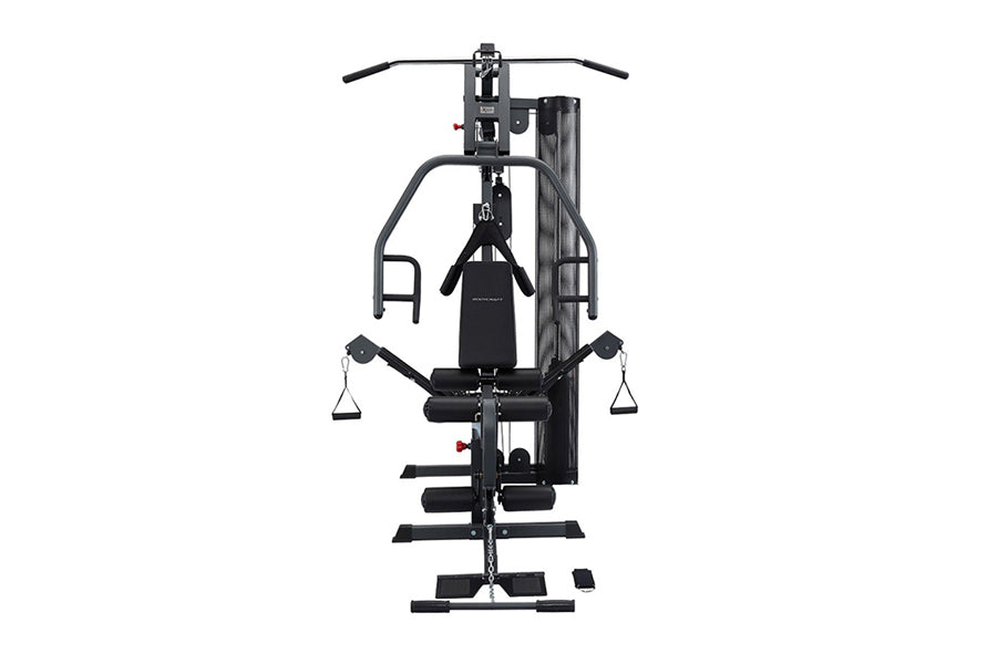 Black multi-station home gym with weight stack, leg press, chest press, and lat pulldown on white background, front view