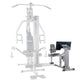 BodyCraft Xpress Pro leg press attachment with black padded seat and footplate, shown next to main machine on white backgroun