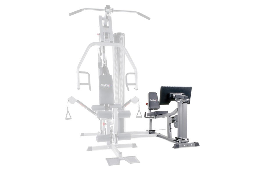 BodyCraft Xpress Pro leg press attachment with black padded seat and footplate, shown next to main machine on white backgroun