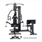 Black multi-station home gym with leg press, chest press, and leg extension equipment on white background