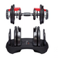 Pair of red and black adjustable dumbbells with numbered weight plates on stand, flat lay view