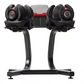 Bowflex SelectTech adjustable dumbbell stand with two black dumbbells and red accents on white background