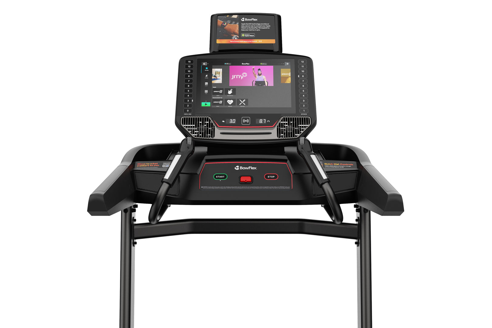 BowFlex T16 black treadmill with dual touchscreens, red and green control buttons, and side handles on white background