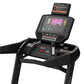 Black BowFlex T16 treadmill with digital console displaying workout interface and secondary tablet screen mounted on white ba