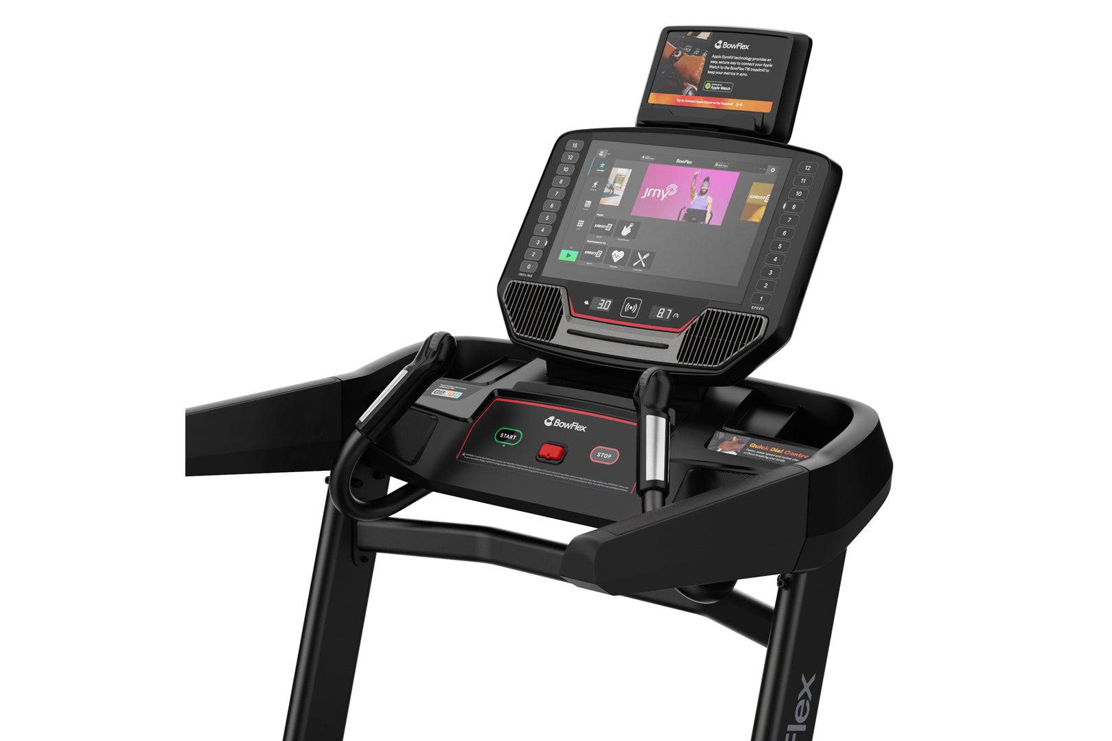 Black BowFlex T16 treadmill with digital console displaying workout interface and secondary tablet screen mounted on white ba